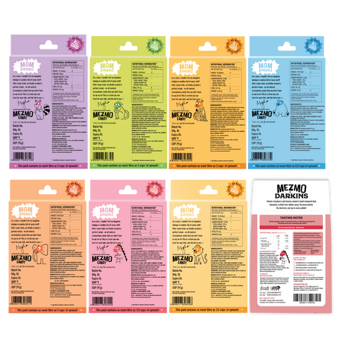 Mezmo All 7 Boxes Of Fruit Gummies &1 Box of Strawberry Chocolate pebble